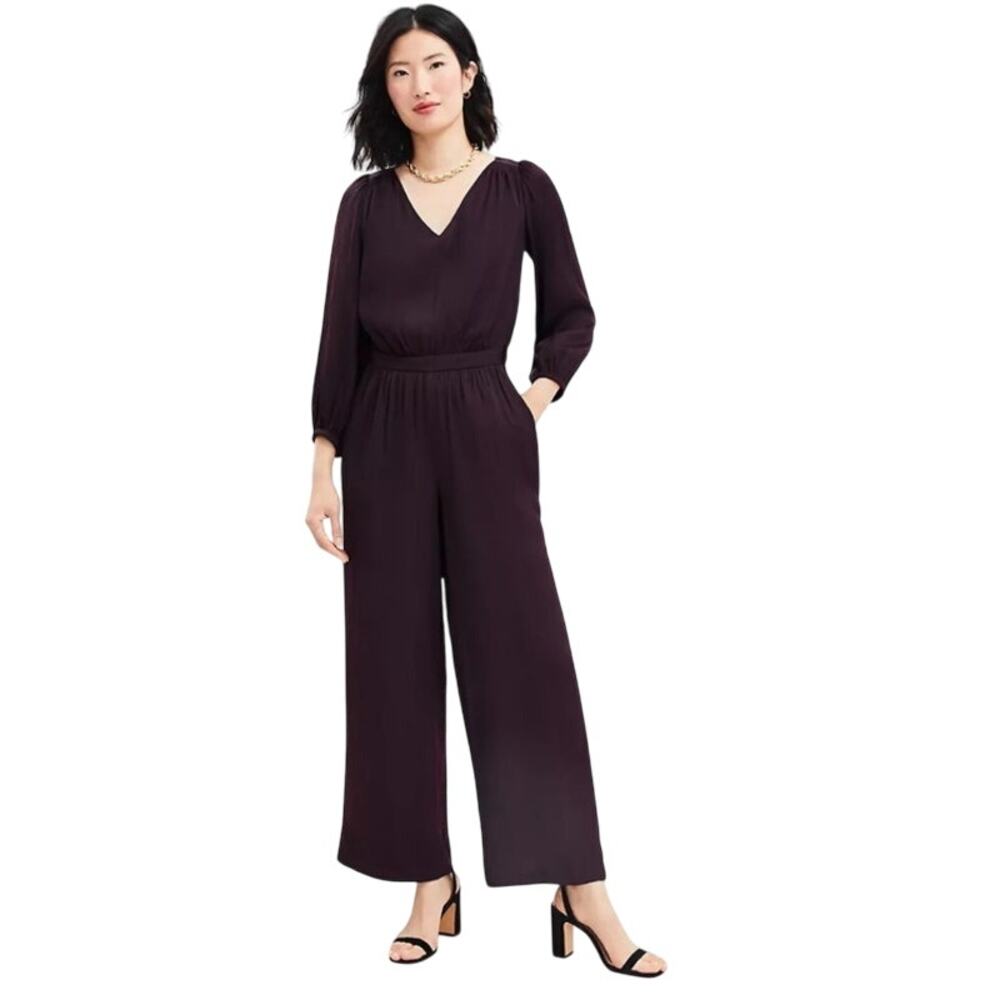 LOFT Drapey V-Neck Flowy‎ Straight Leg Jumpsuit Deep Bordeaux Size 4